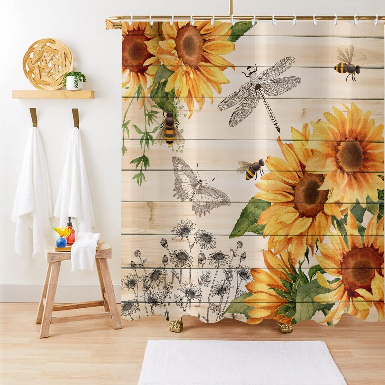 Sunflower Shower Curtain, Country Wooden Plank Yellow Floral Bee Dragonfly Machine Washable Waterproof, 72Wx74H