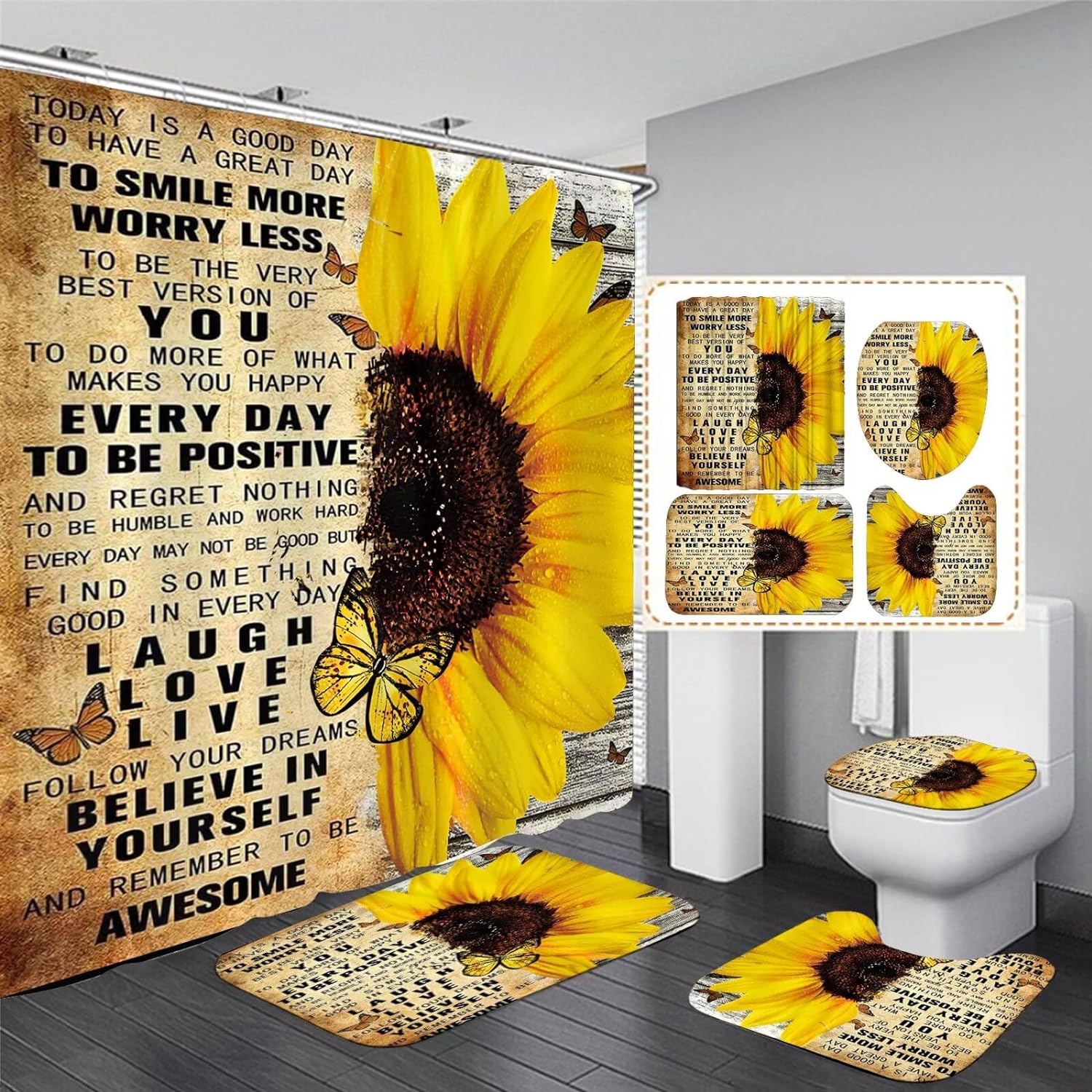 4pcs Shower Curtain Sets with Rugs Sunflower Bathroom Set Decor Set with Rugs and Accessories