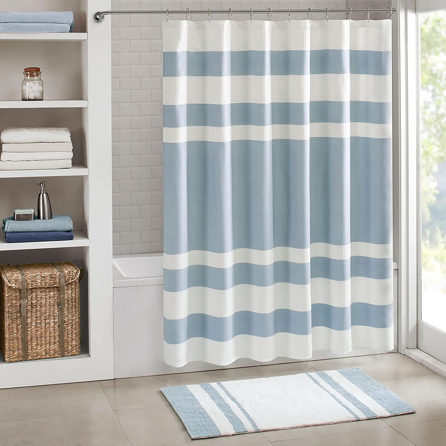 Waffle Weave Pieced Design Fabric Shower Curtain with 3M Scotchgard Moisture Management, Standard 72"x72" Blue