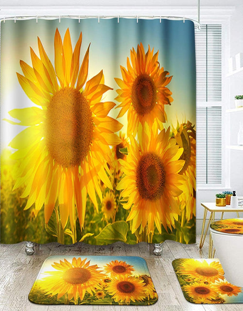 Load image into Gallery viewer, 4 Pcs Shower Curtain Set Sunflowers Countryside Field Floral Sunset Yellow with Non-Slip Rugs Toilet Lid Cover , 72&quot; x 72&quot;
