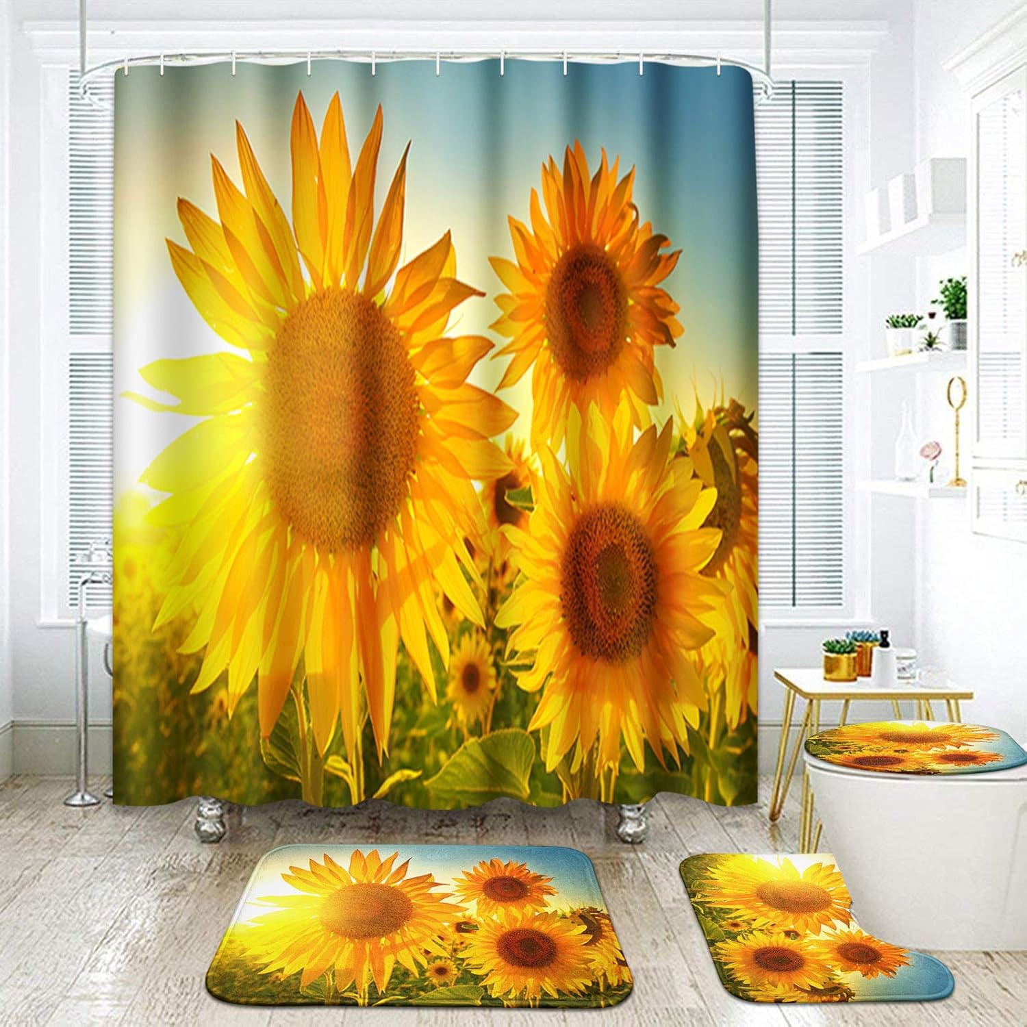 4 Pcs Shower Curtain Set Sunflowers Countryside Field Floral Sunset Yellow with Non-Slip Rugs Toilet Lid Cover , 72" x 72"