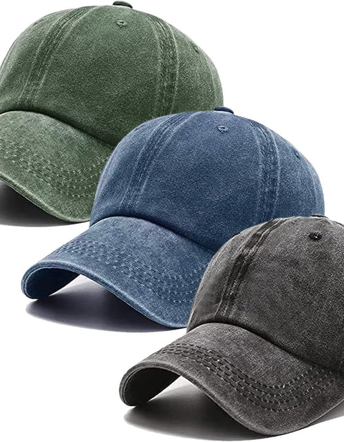 Load image into Gallery viewer, 3 Pack Washed Plain Vintage Baseball Cap Cotton Adjustable Twill Bulk Low Profile Classic Dad Hat (Dark Green+black+navy Blue)
