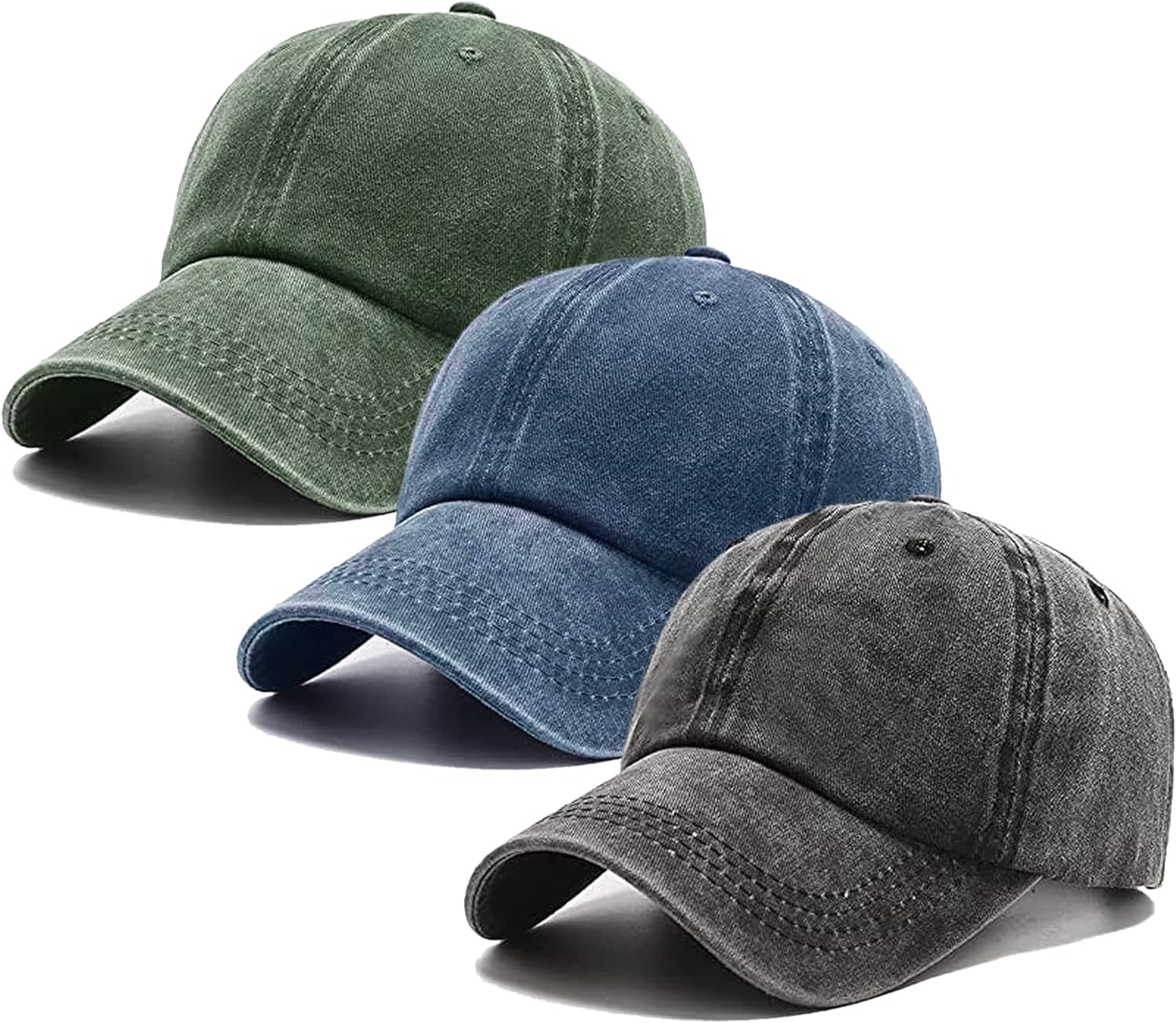 3 Pack Washed Plain Vintage Baseball Cap Cotton Adjustable Twill Bulk Low Profile Classic Dad Hat (Dark Green+black+navy Blue)