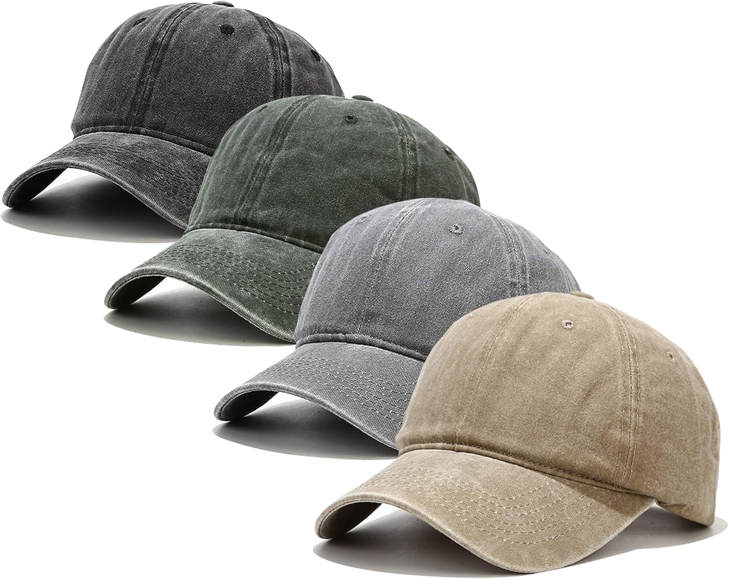 Vintage Baseball Cap 4 Pack for Women Men Washed Cotton Distressed Baseball Cap Adjustable Dad Hat (Black, Khaki, Light Grey, Army Green)