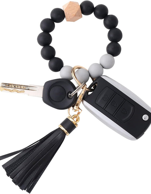 Load image into Gallery viewer, Silicone Beaded Bracelet Keychain Wristlet Key Ring Bangle Chains for Women with Leather Tassel, Black
