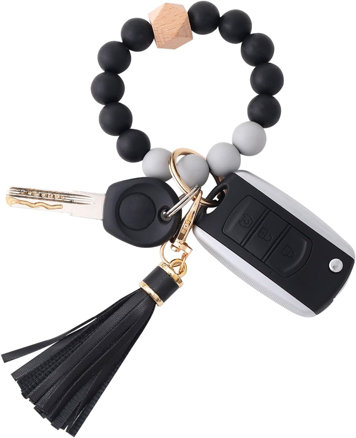 Silicone Beaded Bracelet Keychain Wristlet Key Ring Bangle Chains for Women with Leather Tassel, Black