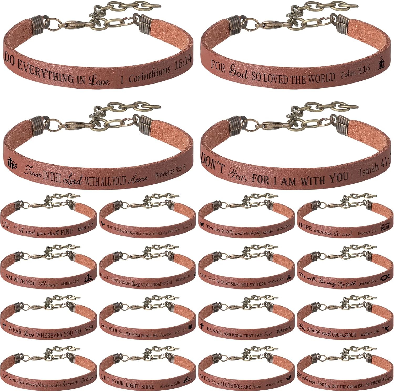 40 Pcs Bible Verse Bracelets Bulk Christian Leather Bracelets, God Faith Scripture Quotes, Brown