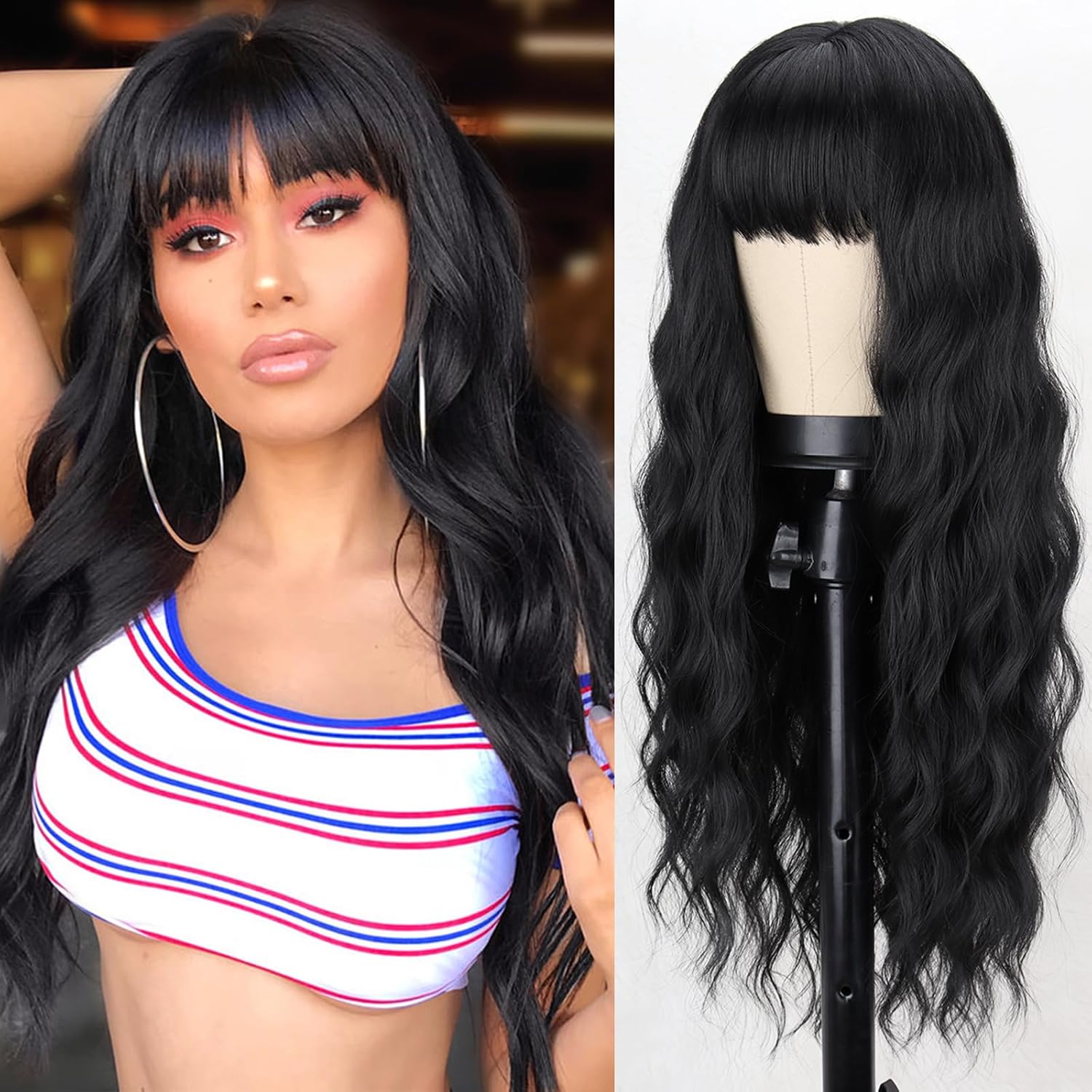 26 Inches Synthetic Wavy Bang Black Wigs for Women, Women Long Curly Heat Resistant