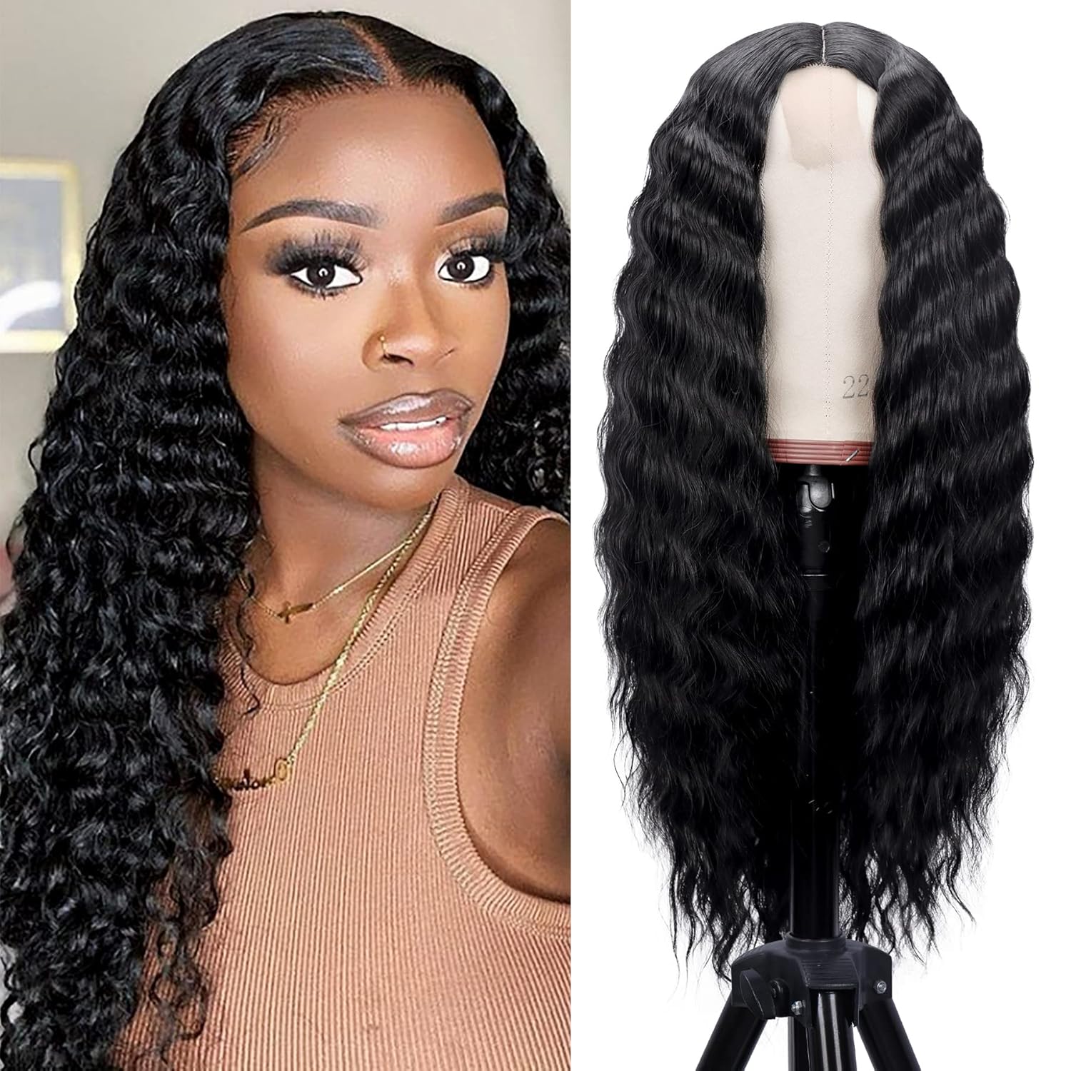 28 Inch Curly Wig Long Wigs for Black Women Loose Deep Wave Lace Front Wig 4'' Simulated Scalp Middle Part Synthetic Natural Crimps Curls