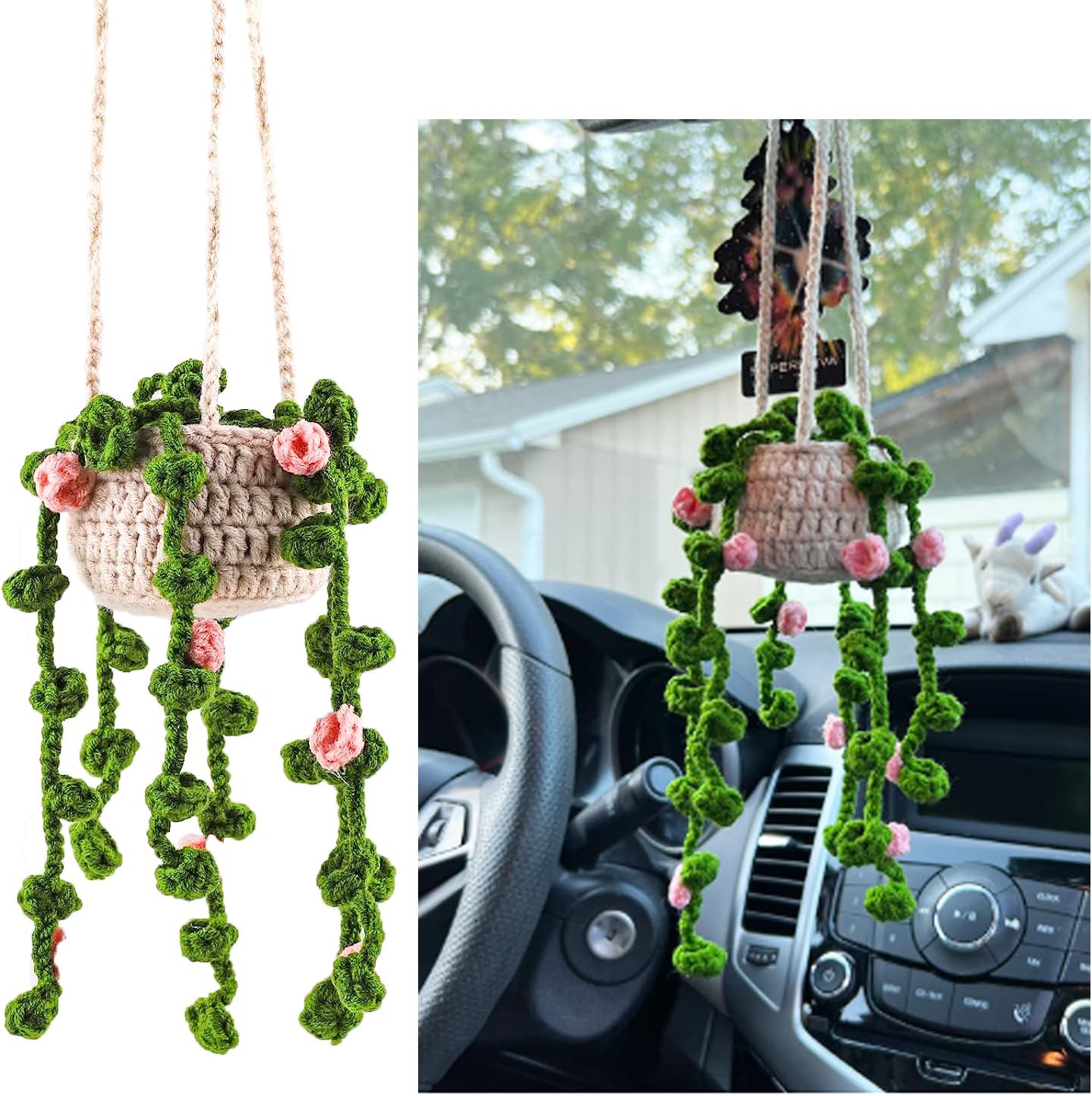 Cute Auto Pendant Crochet Plants Hanging Baskets, Boho Car Plants Crochet Rear View Mirror Accessories, Style 2