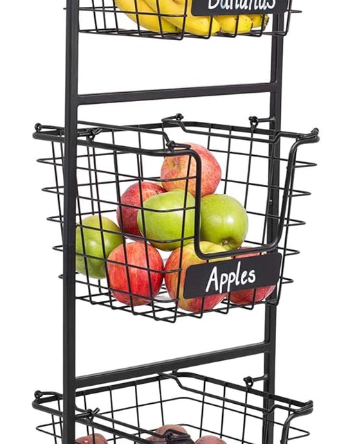 Load image into Gallery viewer, 3-Tier Wire Market Basket Stand with Chalk Label - Snack Fruit Vegetable Produce Metal Hanging Storage Bin for Kitchen Pantry
