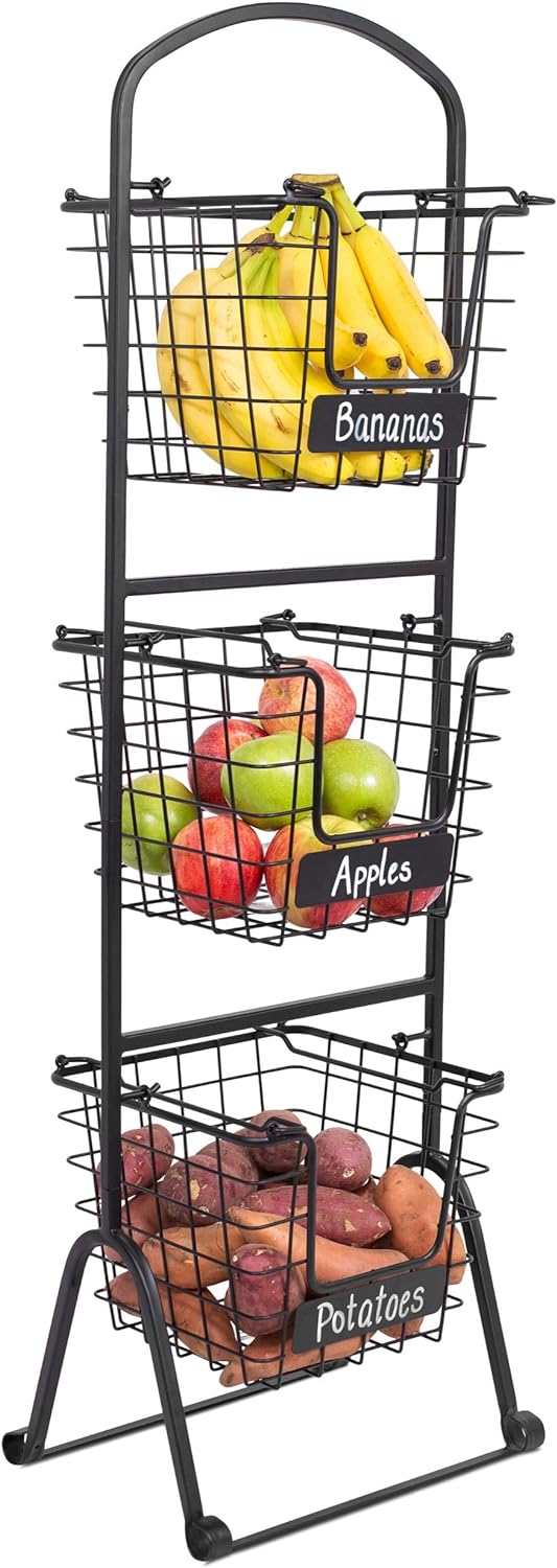 3-Tier Wire Market Basket Stand with Chalk Label - Snack Fruit Vegetable Produce Metal Hanging Storage Bin for Kitchen Pantry