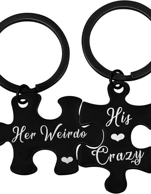 Load image into Gallery viewer, 2pcs His Crazy Her Weirdo Couples Keychains Puzzle Key Chain for Him Her Lovers Gifts, Silver, Medium
