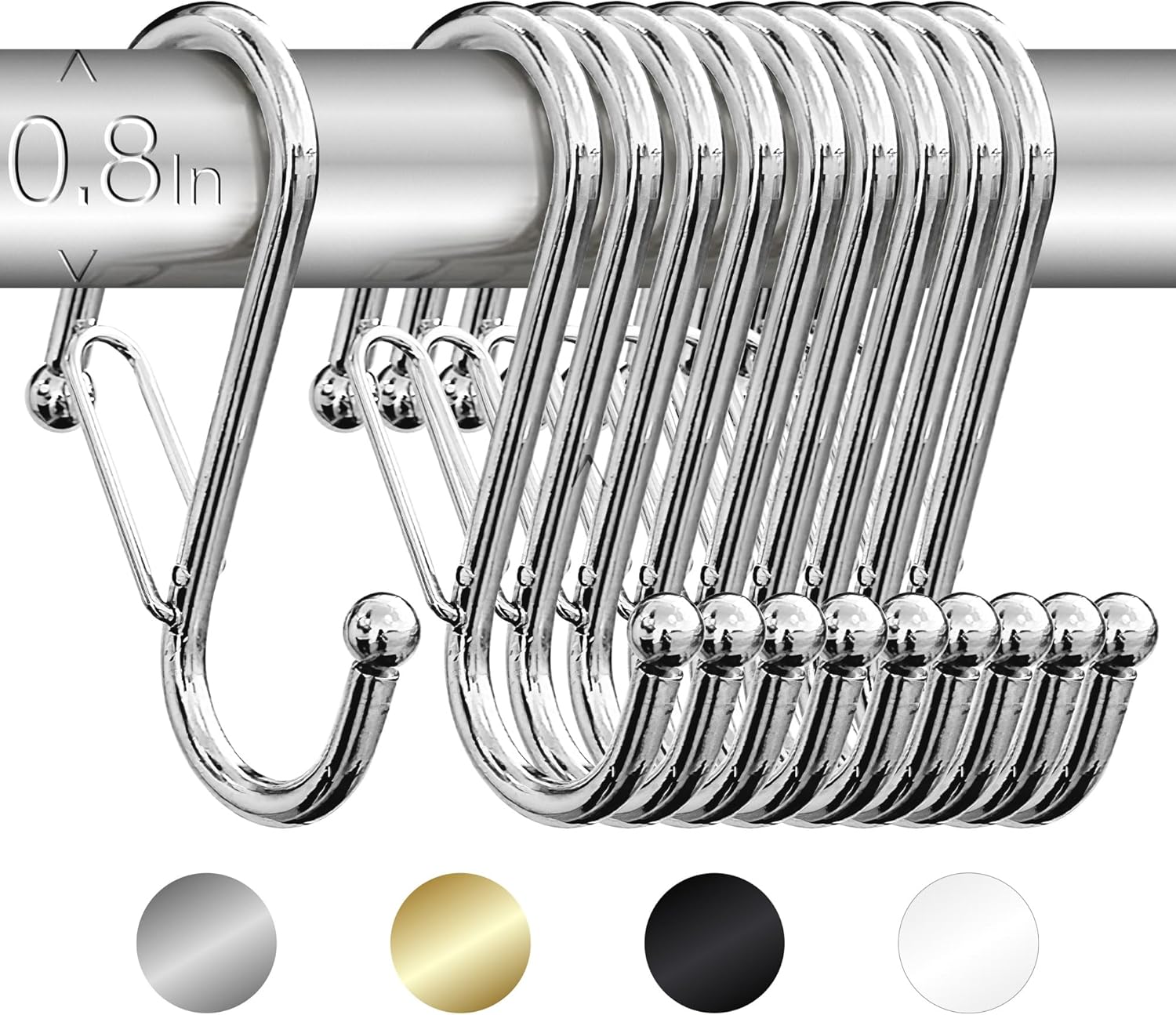 10 Metalic S-Hooks with Anti-Fall System. Anti Drop S-Shaped Hook with Safety Buckle to Prevent Falls. Heavy Duty. (Silver, 3.25in Long (Diameter Rod<0.8in))