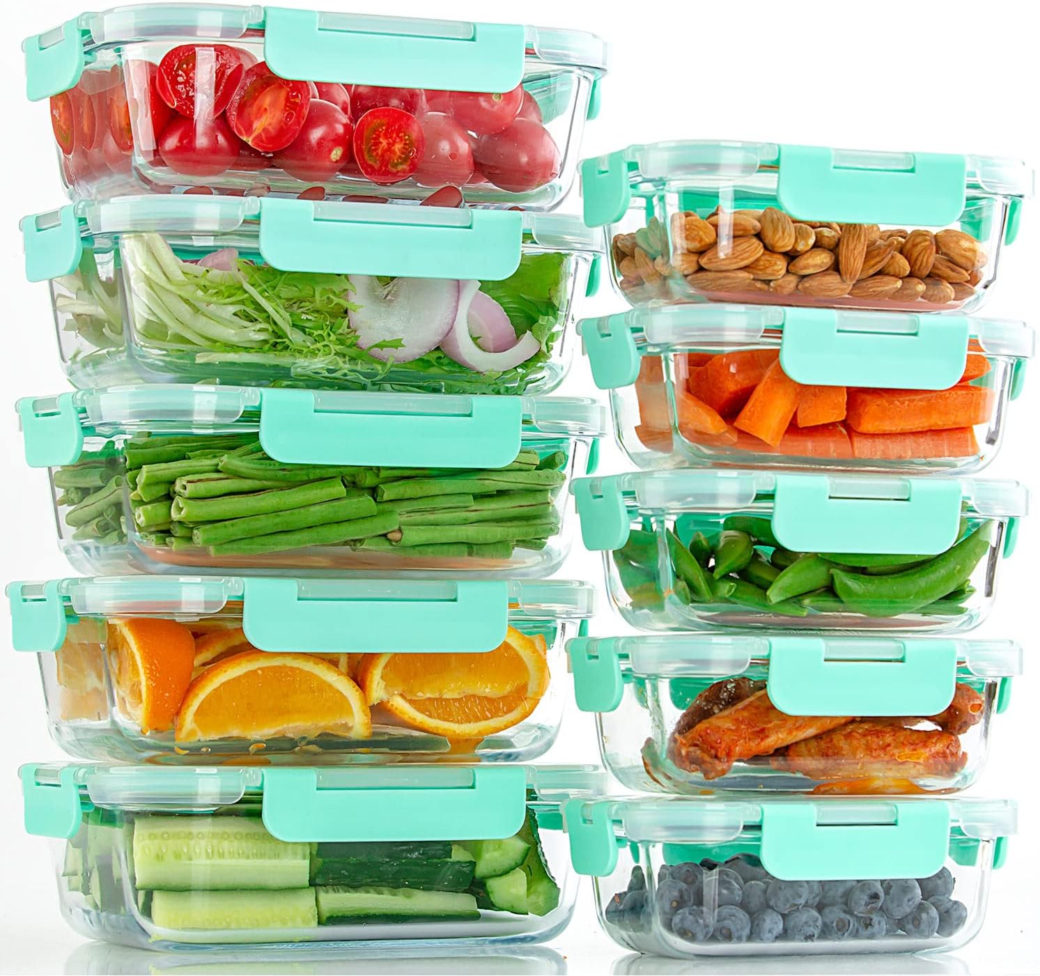 10 Pack Glass Food Storage Containers with Lids Leakproof, Airtight Glass Meal Prep Containers For Lunch, On The Go, Leftover, Dishwasher Safe, Mint