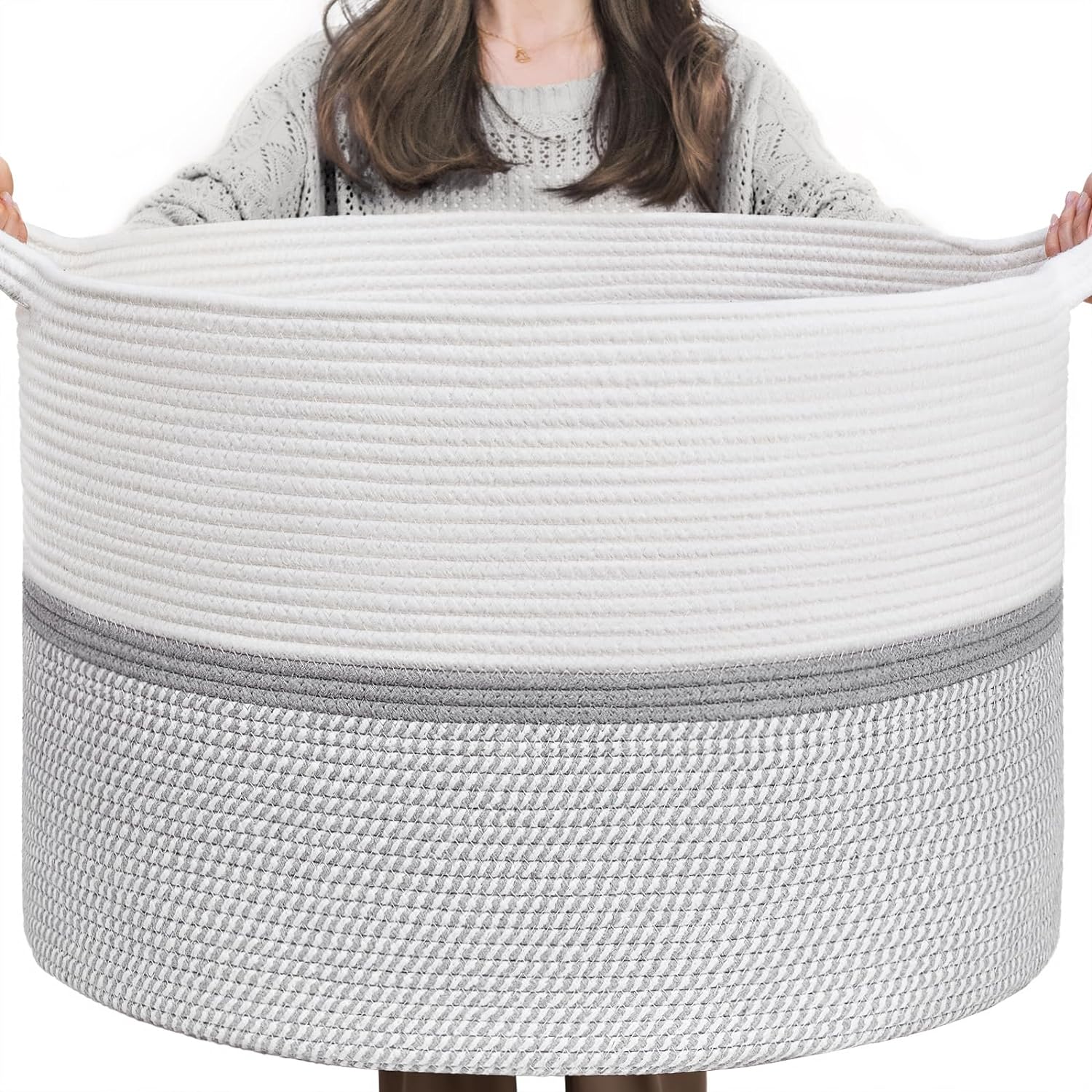 XXL Extra Large Cotton Rope Woven Basket, Throw Blanket Storage Basket with Handles, Decorative Clothes Hamper - 22" x 22" x 14" Gray