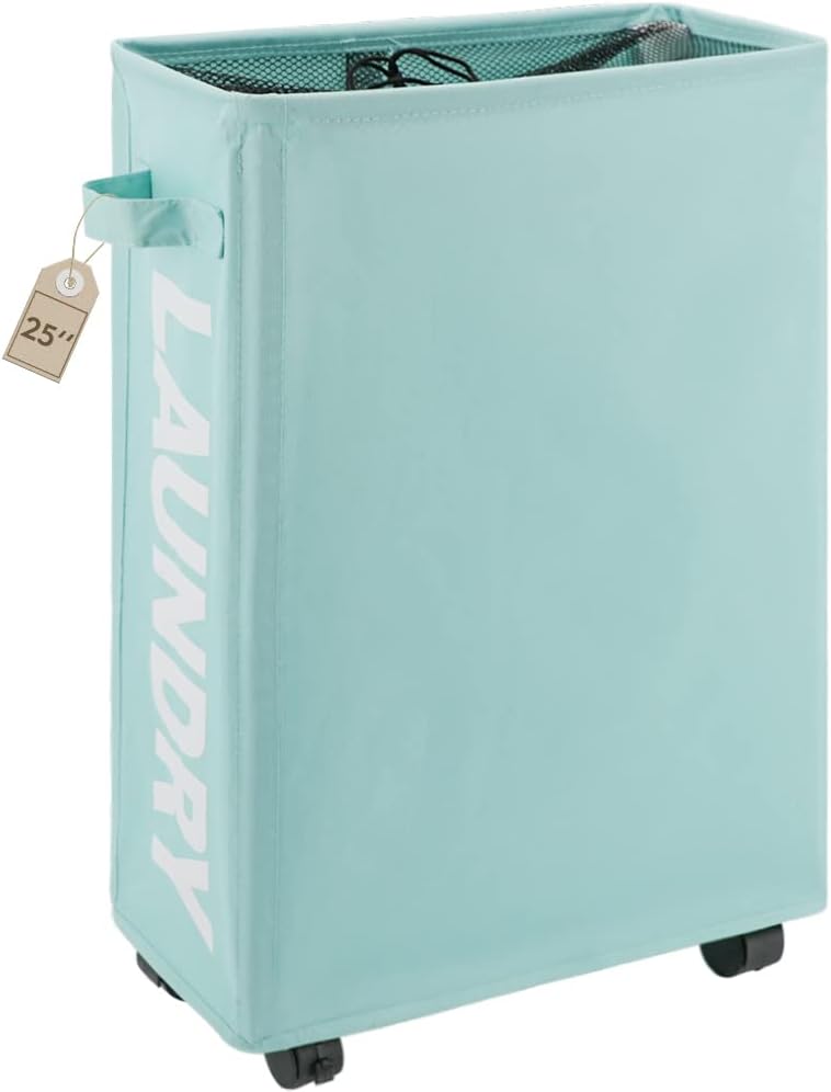 25" Rolling Slim Laundry Basket on Wheels, Foldable Laundry Hamper with Handle (Light Blue, Medium)