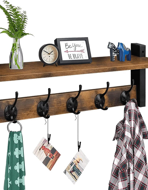 Load image into Gallery viewer, Wall Hooks with Shelf, Wood Coat Rack with Shelf Wall-Mounted, Entryway Hanging Shelf with 5 Metal Hooks, Rustic Brown
