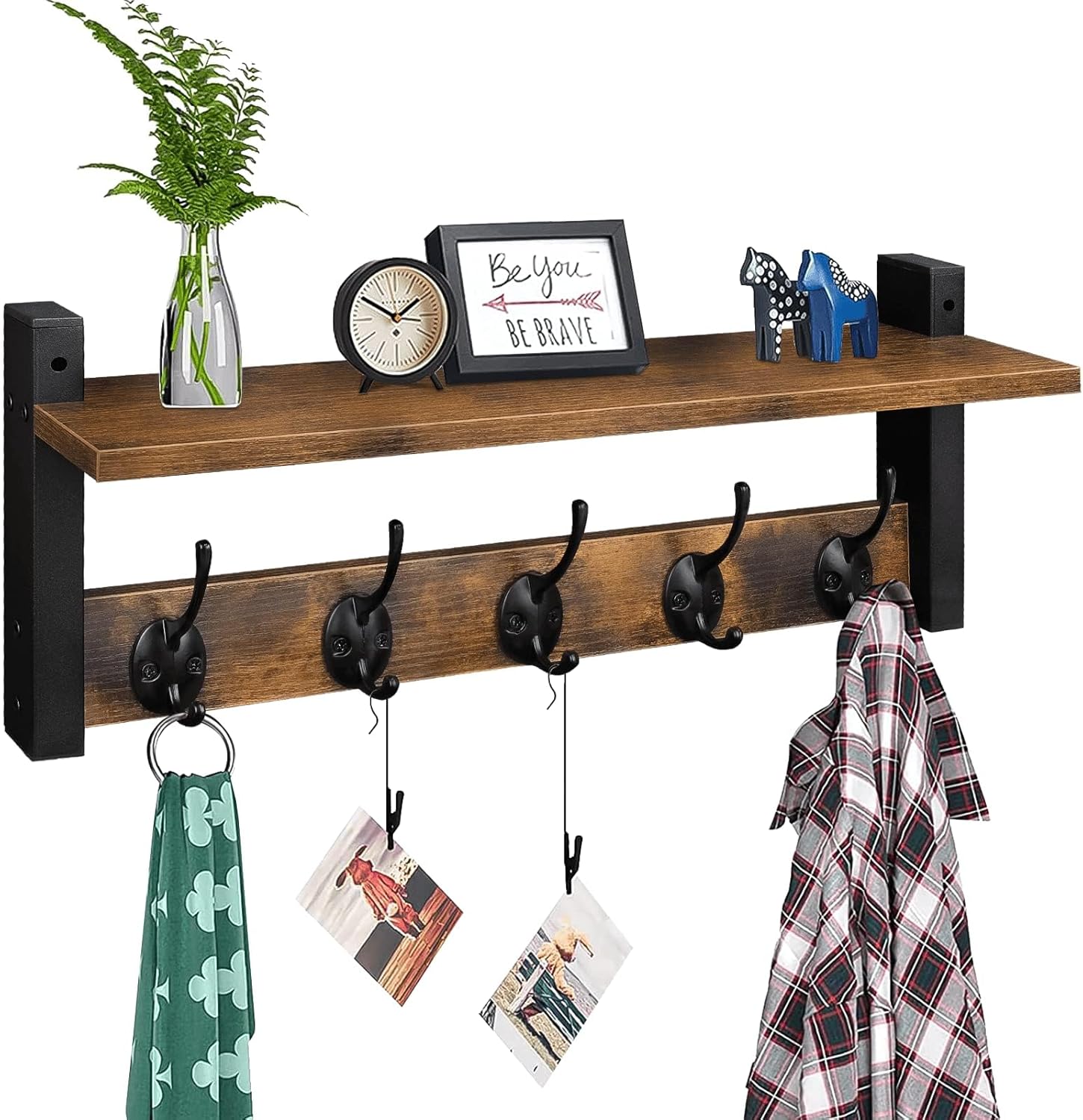 Wall Hooks with Shelf, Wood Coat Rack with Shelf Wall-Mounted, Entryway Hanging Shelf with 5 Metal Hooks, Rustic Brown