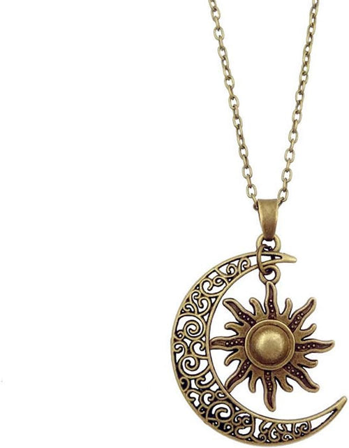 Load image into Gallery viewer, Vintage Bronze Crescent Moon and Sun Pendant Necklace Retro Swirl Filigree Unisex Jewelry Gifts
