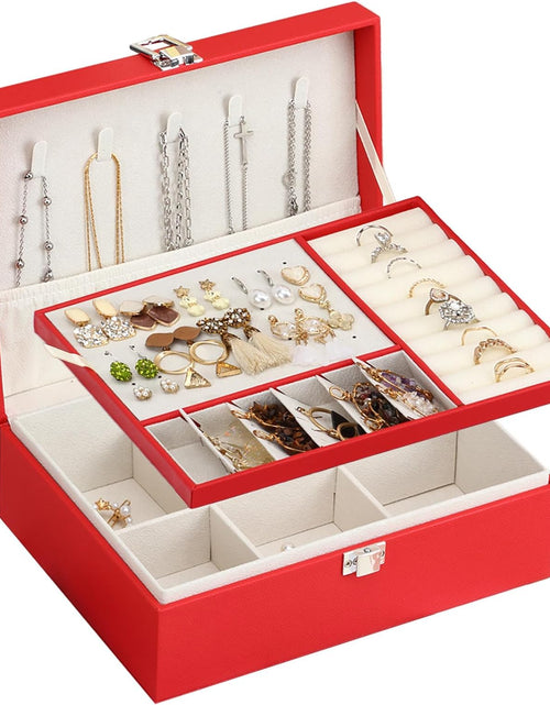 Load image into Gallery viewer, 2-Layer Jewelry Organizer Box with Removable Tray, Gift Jewelry Storage Case for Storage Earrings Necklaces Rings Bracelets Watches (Red)
