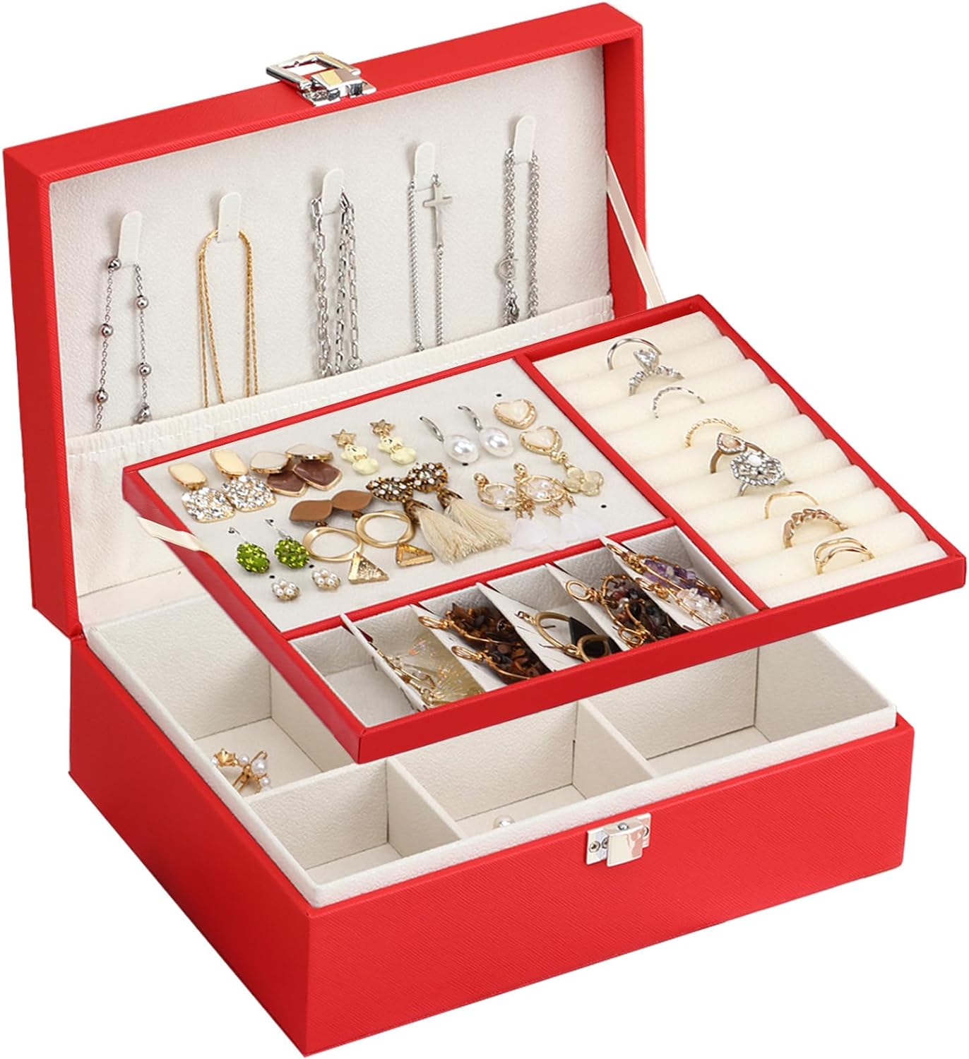 2-Layer Jewelry Organizer Box with Removable Tray, Gift Jewelry Storage Case for Storage Earrings Necklaces Rings Bracelets Watches (Red)