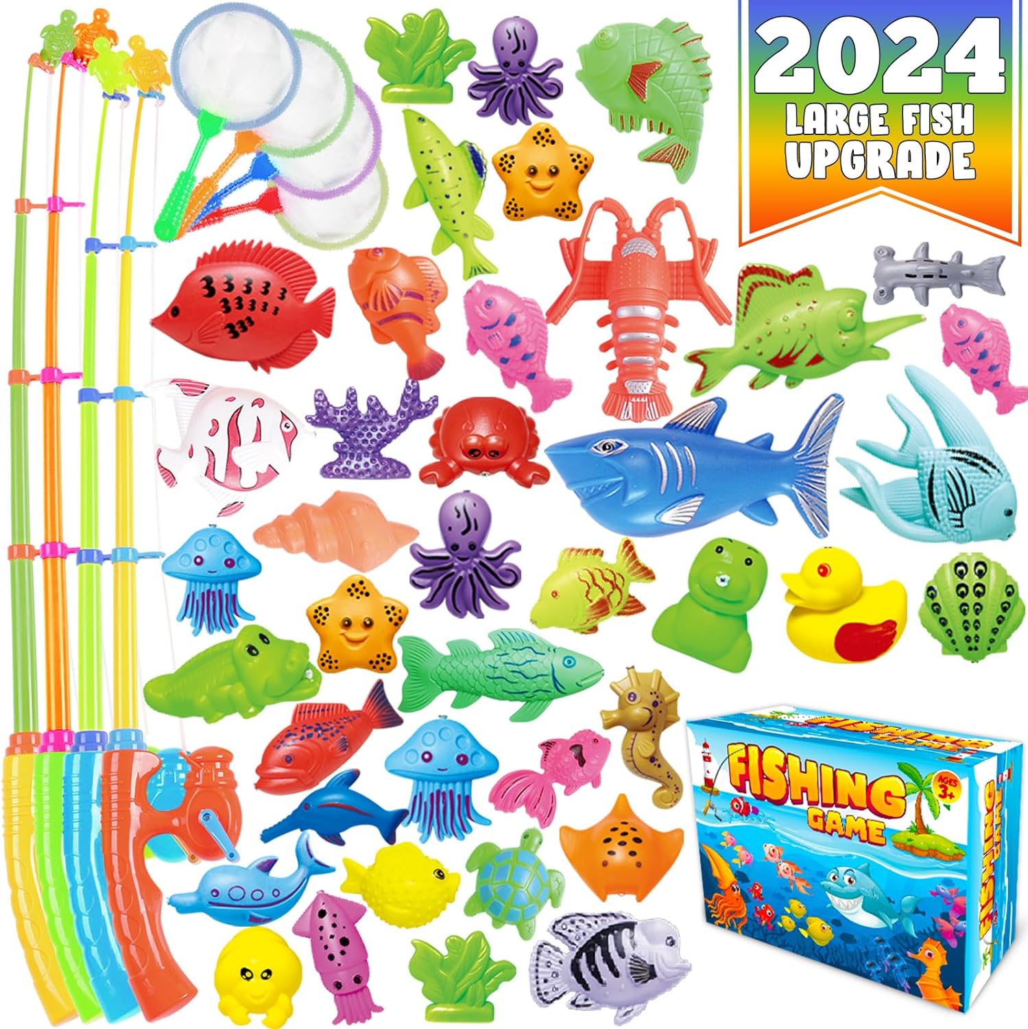 Magnetic Fishing Toys Game Set for Kids | Water Table Bathtub Kiddie Pool Party with Pole Rod Net