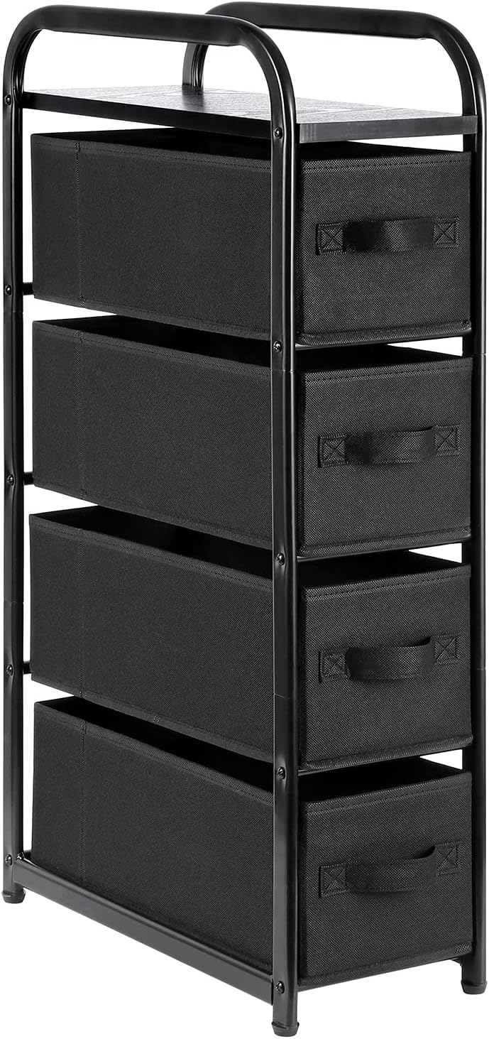 4 Drawer Narrow Dresser Fabric Storage Tower Vertical Slim Chest Organizer Black)