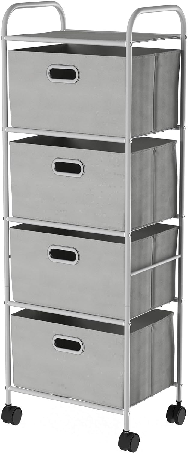 4 Drawer Storage Organizer, Rolling Fabric Bin Storage Cart with Wheels and Metal Frame, Gray