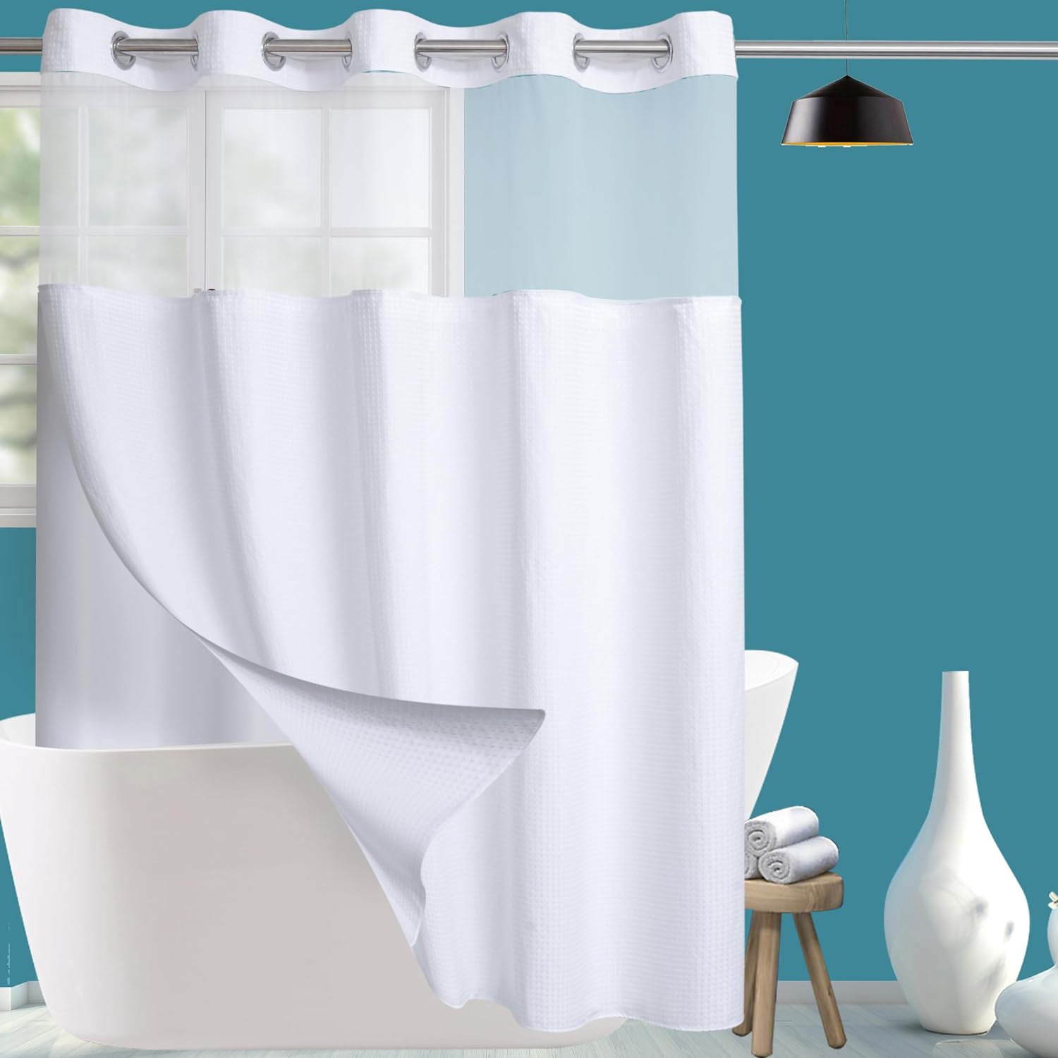 Extra Long Shower Curtain Set Hotel Grade with Snap in Liner for Bathroom Fabric with See Through Top Window (White,71W x 84H)