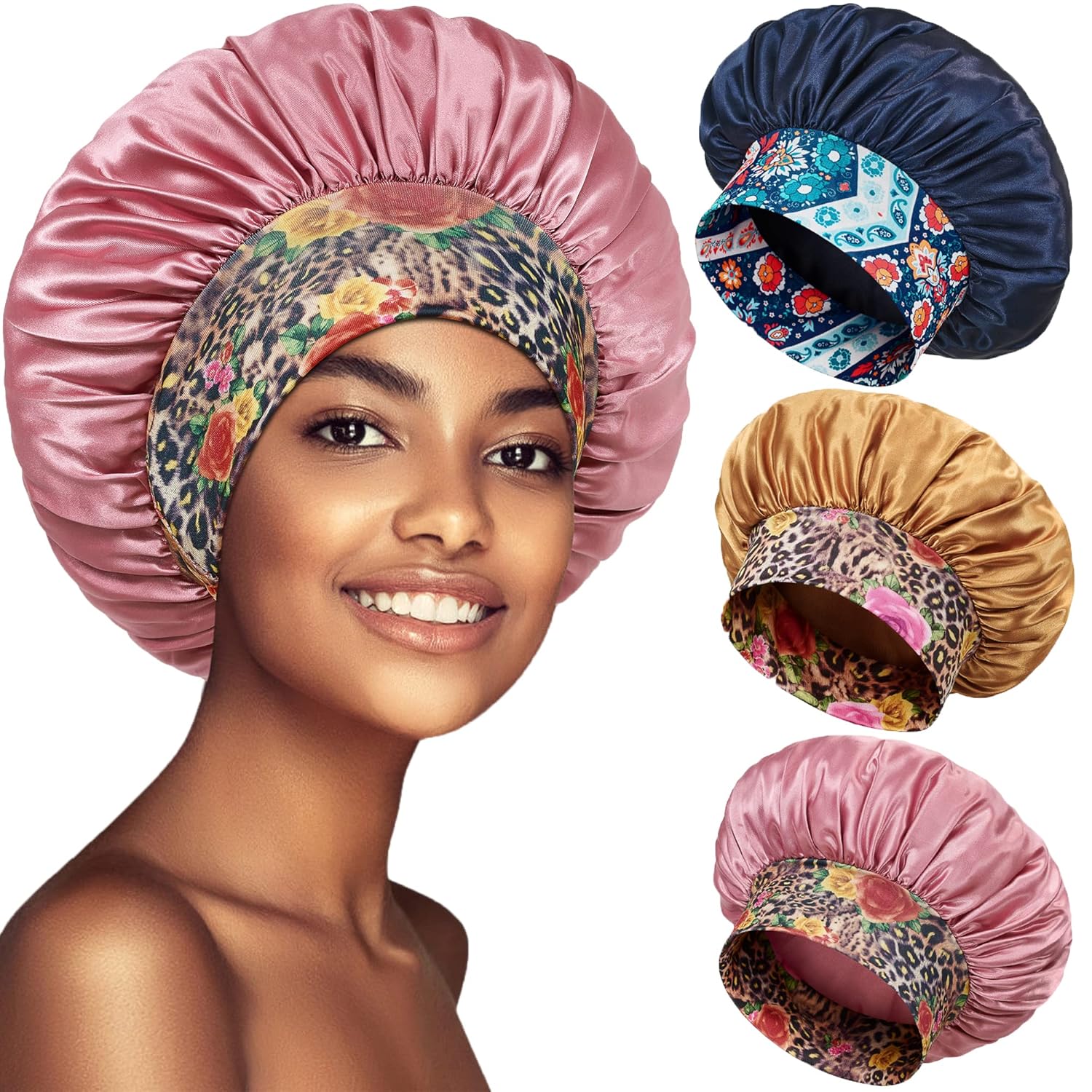 3 Pack Satin Bonnet Silk Bonnet for Sleeping, Sleeping Large Sleep Cap, Wide Soft Band Bonnet for Curly Hair, Set 1