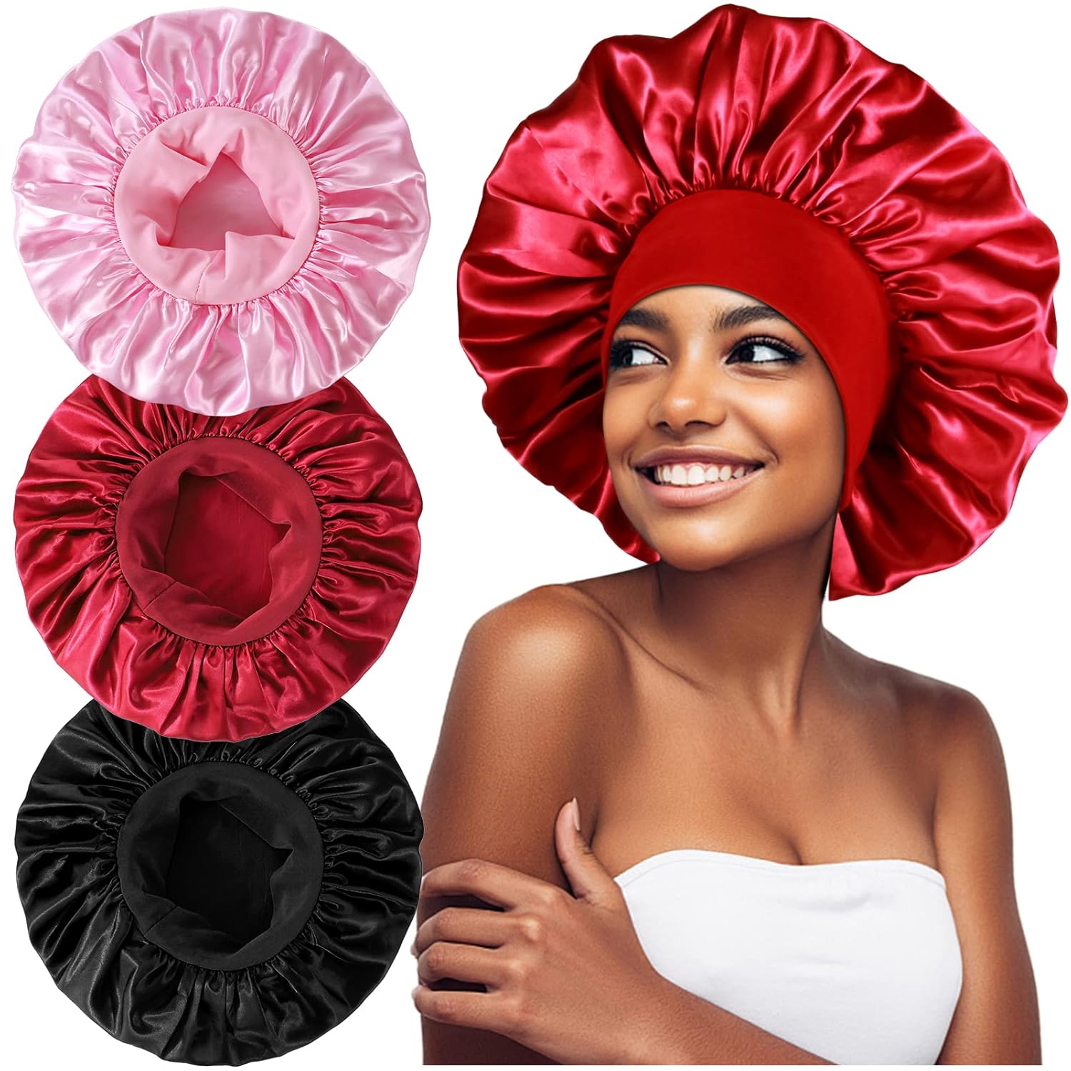 3PCS Extra Large Satin Bonnets for Sleeping, Hair Bonnets for Black Women Braids Curly Hair, A