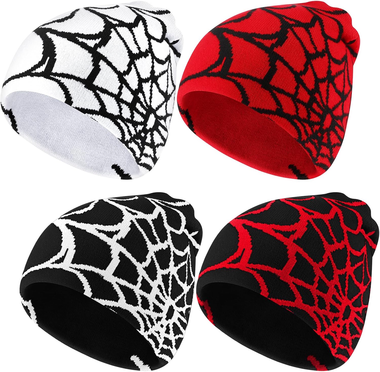 4 Pcs Y2K Beanies Spider Web Pattern Beanie Gothic Acrylic Knitted Hat Casual Streetwear Outdoor Beanies for Men, Classic