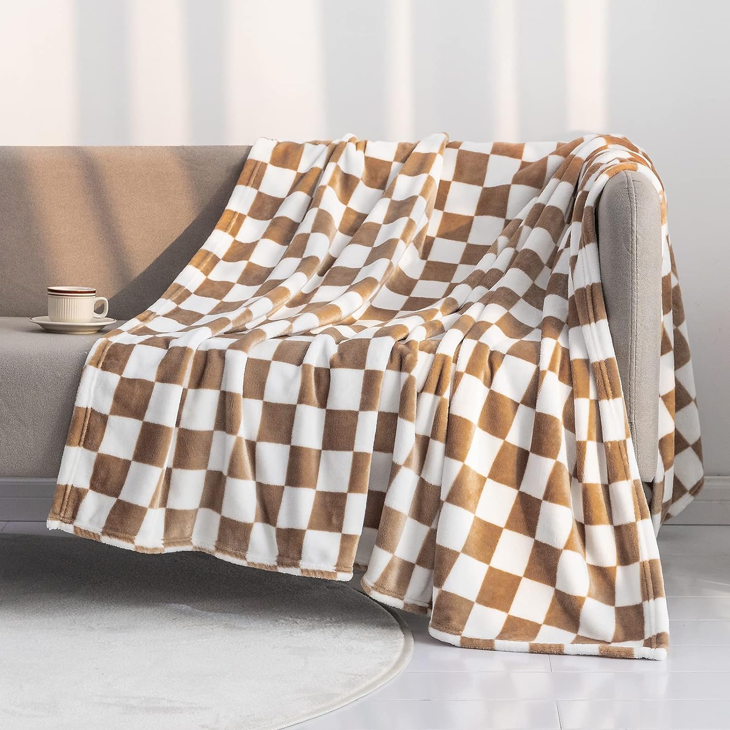 Throw Blankets Flannel Blanket with Checkerboard Grid Pattern Soft Warm and Cozy for All Seasons (Khaki, 40"x50")