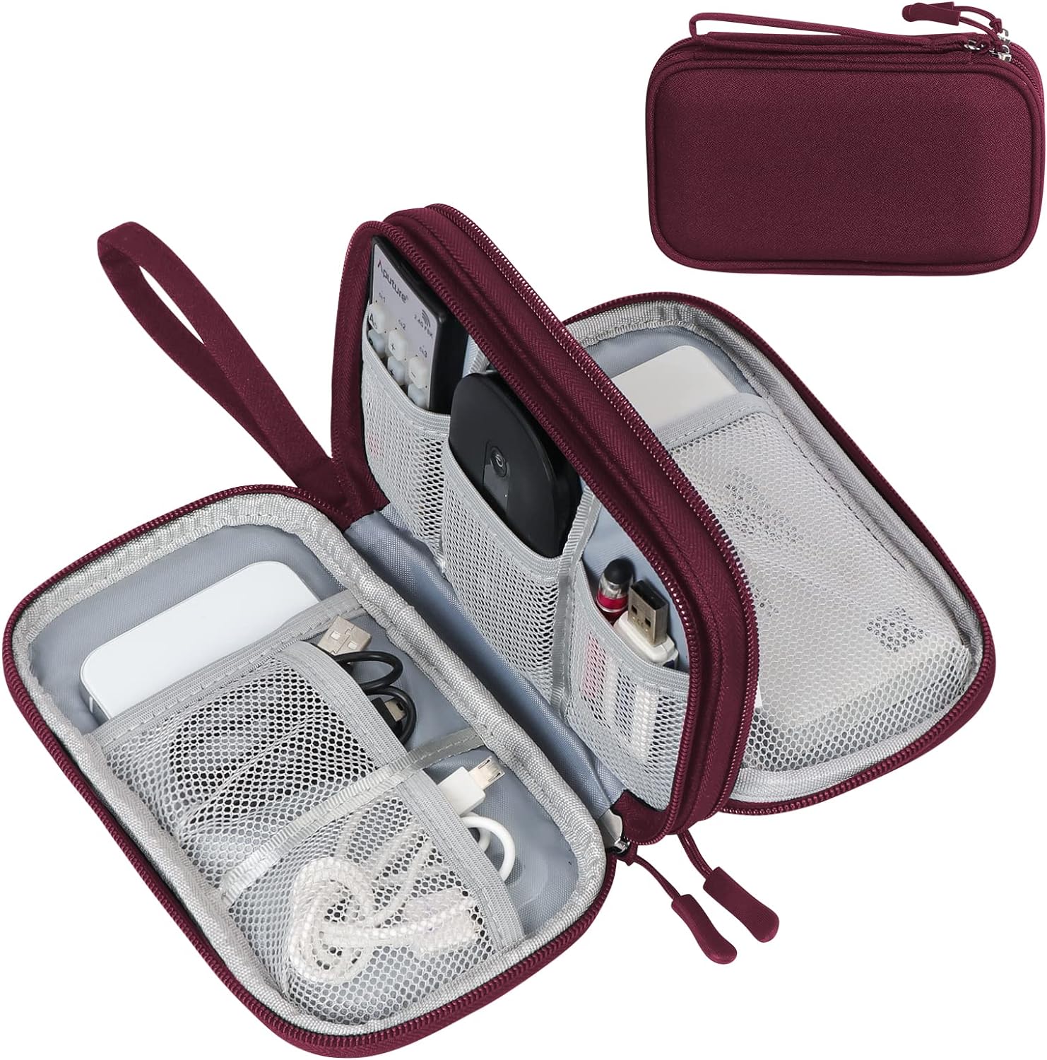 Travel Cable Organizer Bag Pouch Electronic Accessories Carry Case Portable Waterproof Double Layers, Small Wine Red