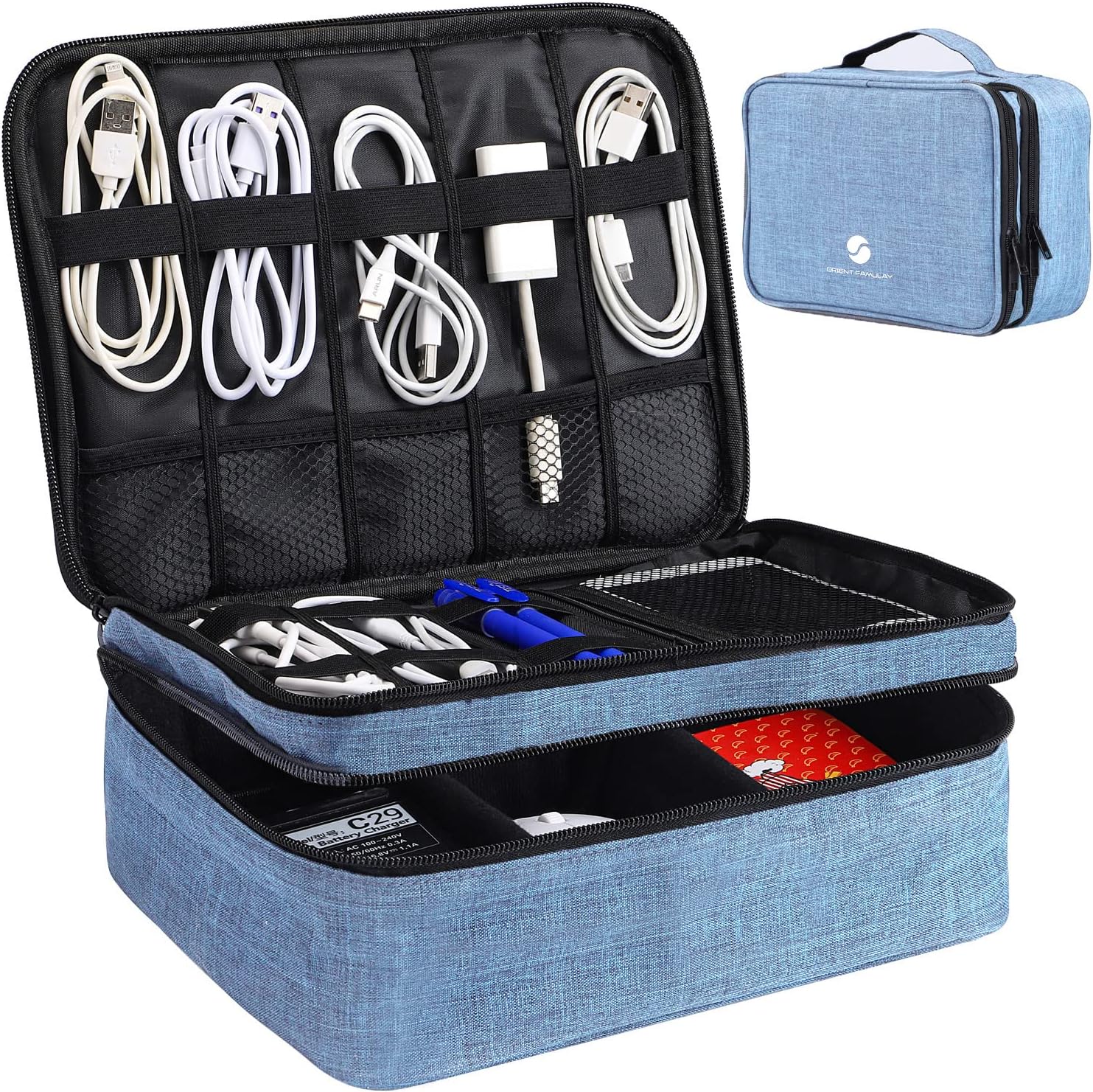 Waterproof Cable Organizer Bag for Electronic Accessories Double Layer Large Shockproof Cable Storage Bag, Denim Blue