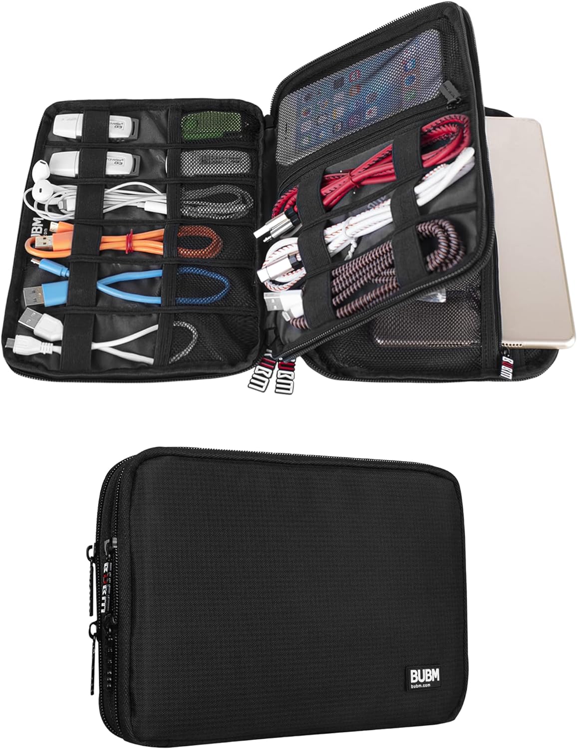 Double Layer Electronic Accessories Organizer, Travel Gadget Bag Perfect Size Fits for iPad Mini (Medium, Black)