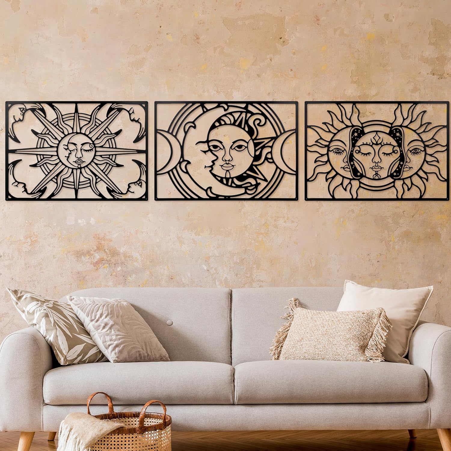 3 Pcs Sun and Moon Metal Decor, 15.75 x 10.63 inches, Black, Modern, Indoor and Outdoor, 3D Visual Effect