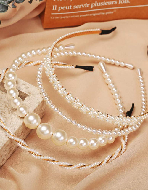 Load image into Gallery viewer, 4 Pack Pearls Fashion Headbands,White Artificial Pearl Rhinestones Hairbands,Bridal Hair Hoop
