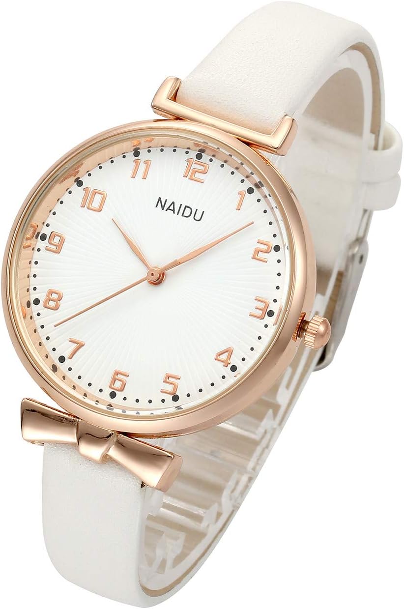 Womens Ladies Classic Simple Leather Analog Quartz Wrist Watch Rose Gold Case Arabic Numerals, White