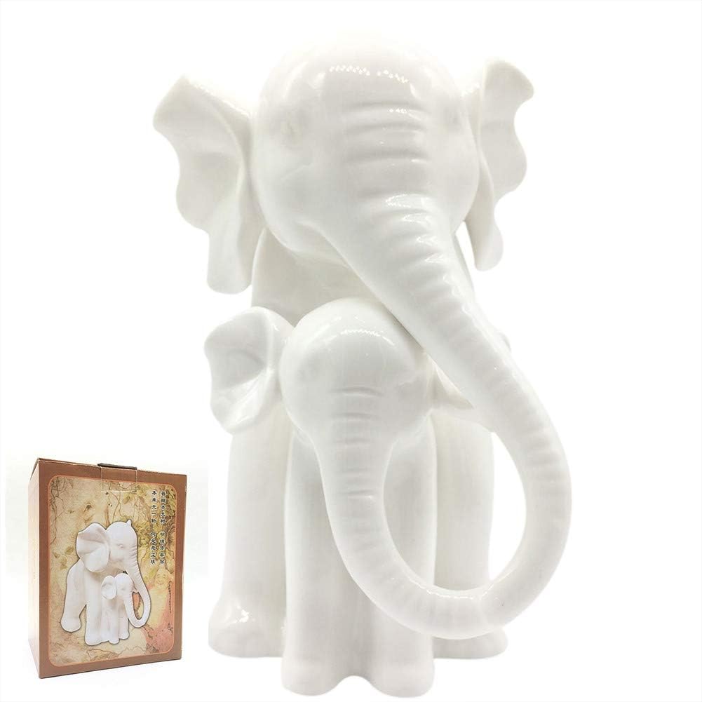 White Porcelain Mother and Baby Elephant Statue/Figurine in High Gloss Finish