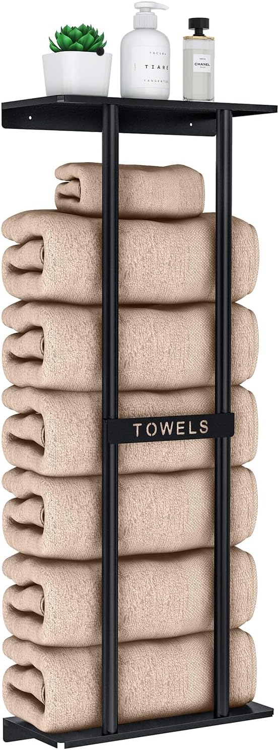 Towel Racks for Bathroom Wall Mounted 30 inch with Shelf Can Holds 6 Large Towels, Wall Towel Rack for Rolled Towels, Black