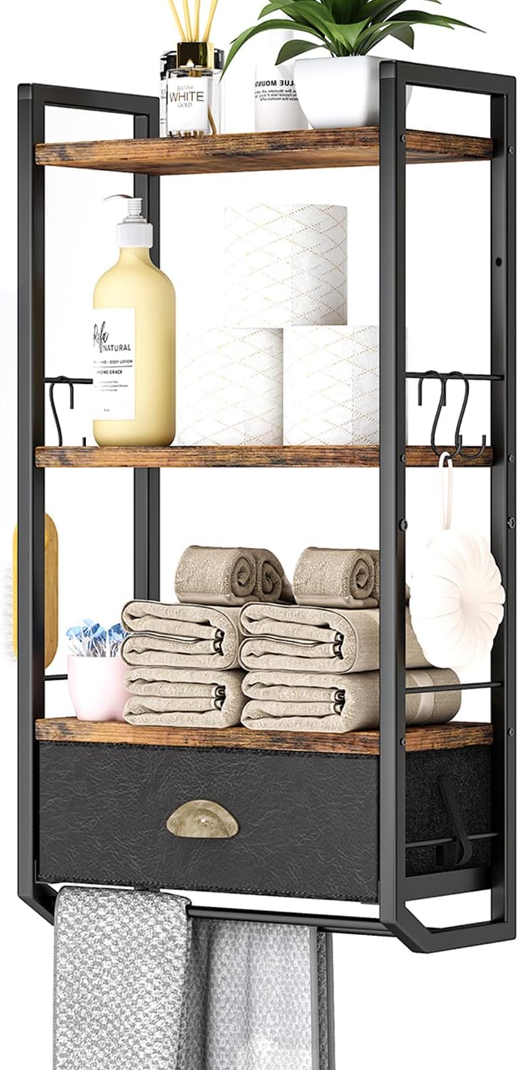 3 Tier Bathroom Towel Rack Shelf with Storage Drawer Double Towel Bars and Hooks