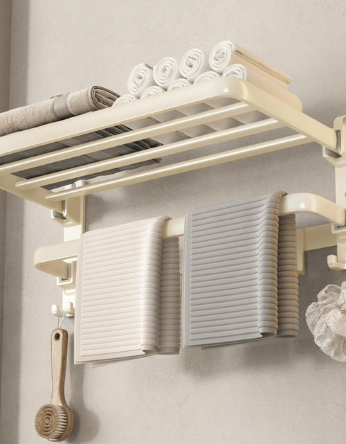 Load image into Gallery viewer, 24-Inch Towel Shelf with Towel Bar Foldable Towel Holder with 7 Hooks Towel Storage Organizer, Cream White
