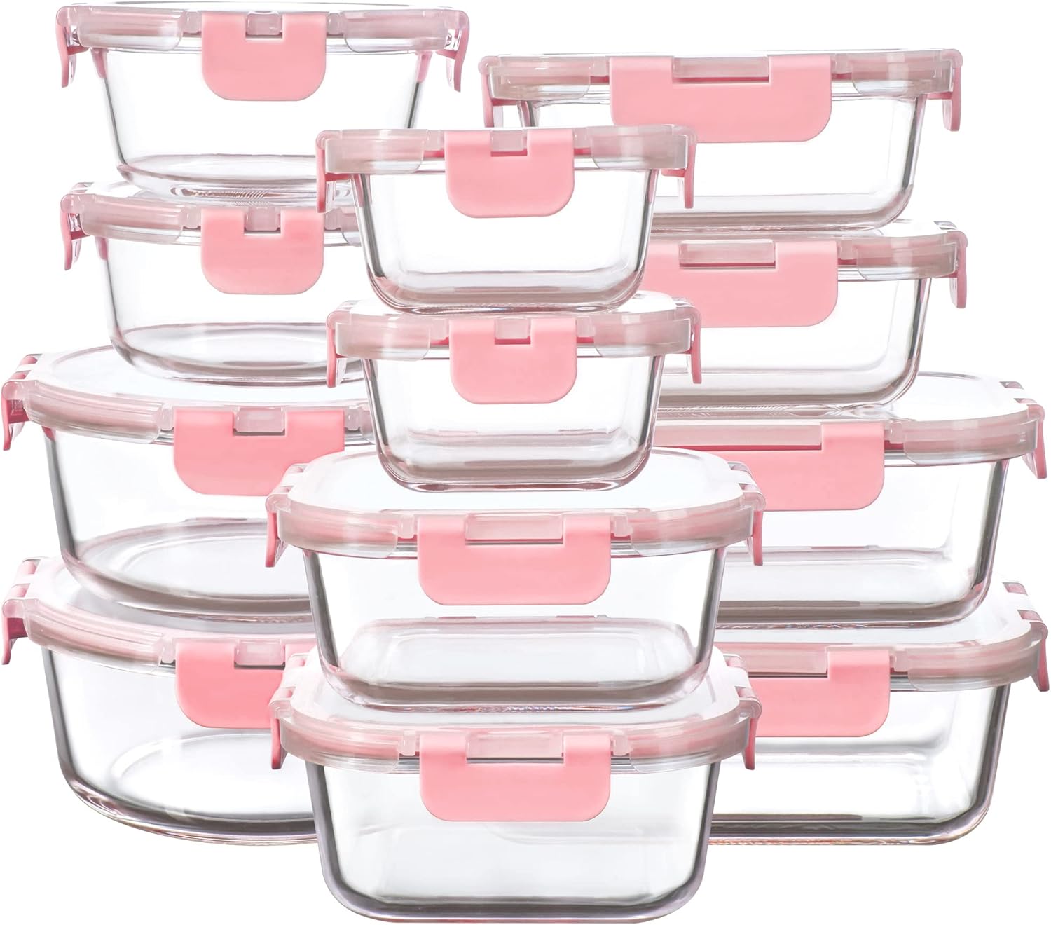 12 Pack Glass Storage Containers with Lids, Leak-Proof Meal Prep Containers, Pink