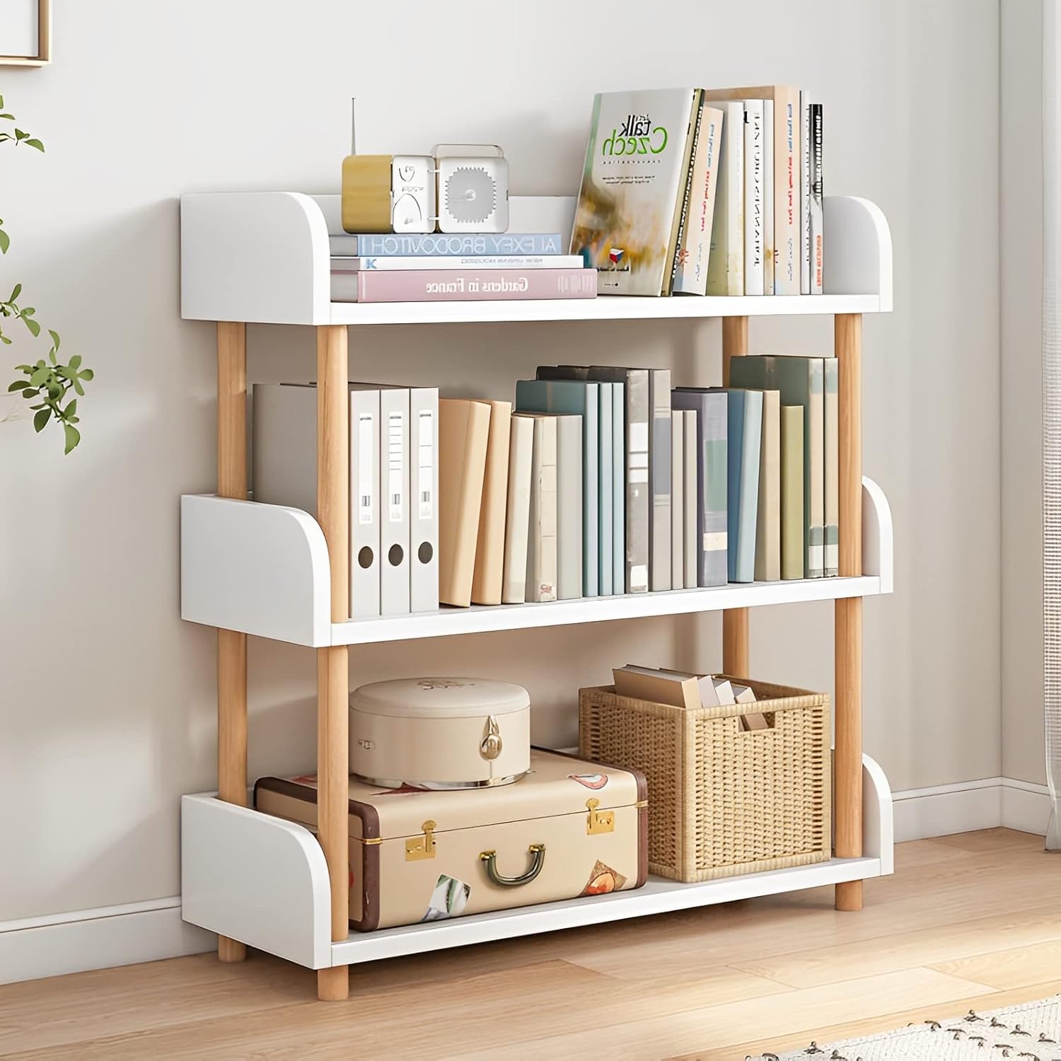 3-Tier Wooden Open Bookcase - Modern Display Bookshelf with Top Edge, Warm White