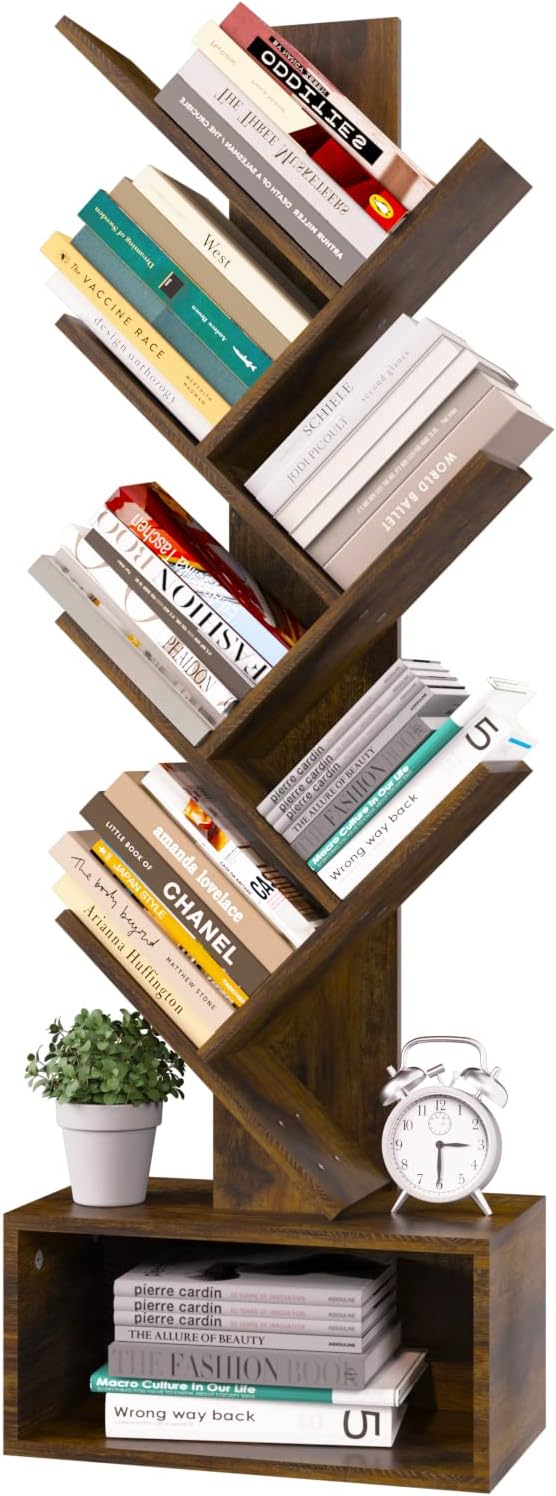 Tree Bookshelf - 6 Shelf Retro Floor Standing Bookcase, Tall Wood Book Storage Rack