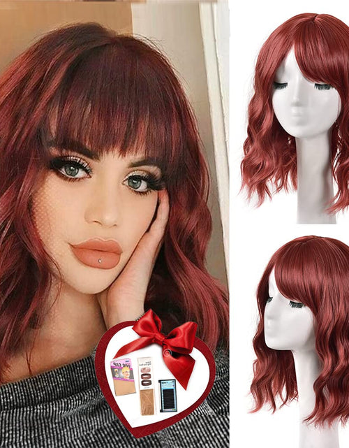 Load image into Gallery viewer, Short Wavy Red Bob Wig with Bangs, Realistic Colored Fun Shoulder Medium Length, 12 Inches
