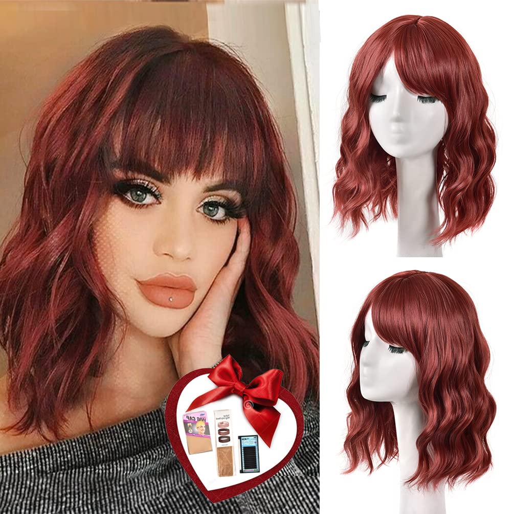 Short Wavy Red Bob Wig with Bangs, Realistic Colored Fun Shoulder Medium Length, 12 Inches