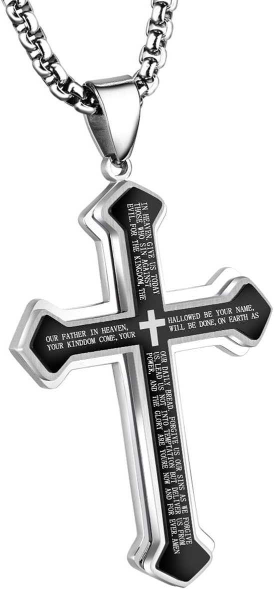 Mens Cross Pendant Necklace Large Stainless Steel Cross Pendant Necklace for Men Women, Silver